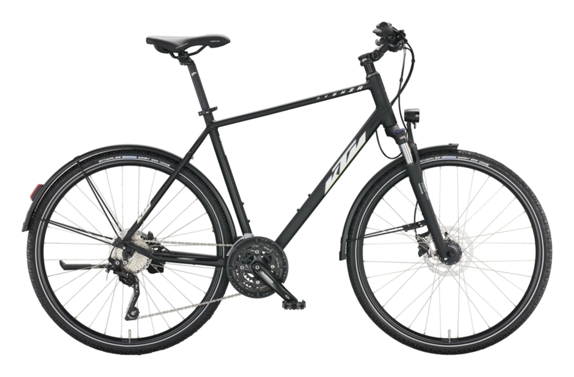 KTM Avenza Cross ST (2023), black matt (white+green), Seitenansicht, freigestellt auf Weiß, Diamantrahmen (2000x1312 px, kleinere Version desselben Bildes)