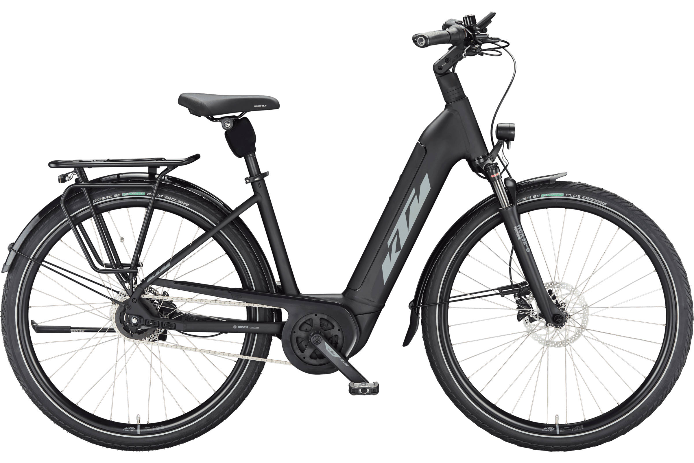 KTM Cento 5 RT (2023), black matt (grey-green), Seitenansicht Tiefeinsteiger (KTM „US“), freigestellt, 2400x1600 px – Modelljahr 2023 mit Bosch PowerTube im Unterrohr
