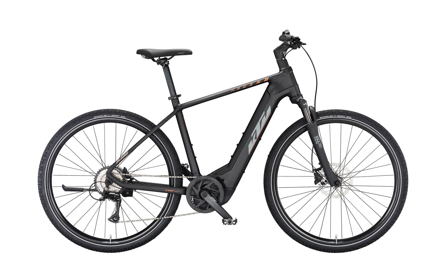 KTM Macina Cross 510 (2023), black matt / grey-orange, Seitenansicht Diamantrahmen (HE), freigestellt auf Weiß, 1800x1080 px