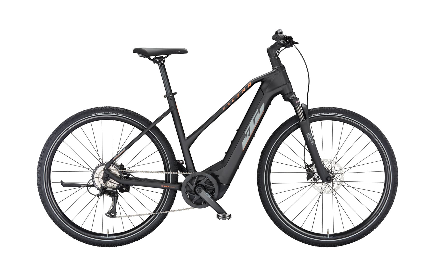 KTM Macina Cross 510 (2023), black matt / grey-orange, Seitenansicht Trapezrahmen (TR), freigestellt auf Weiß, 1800x1080 px