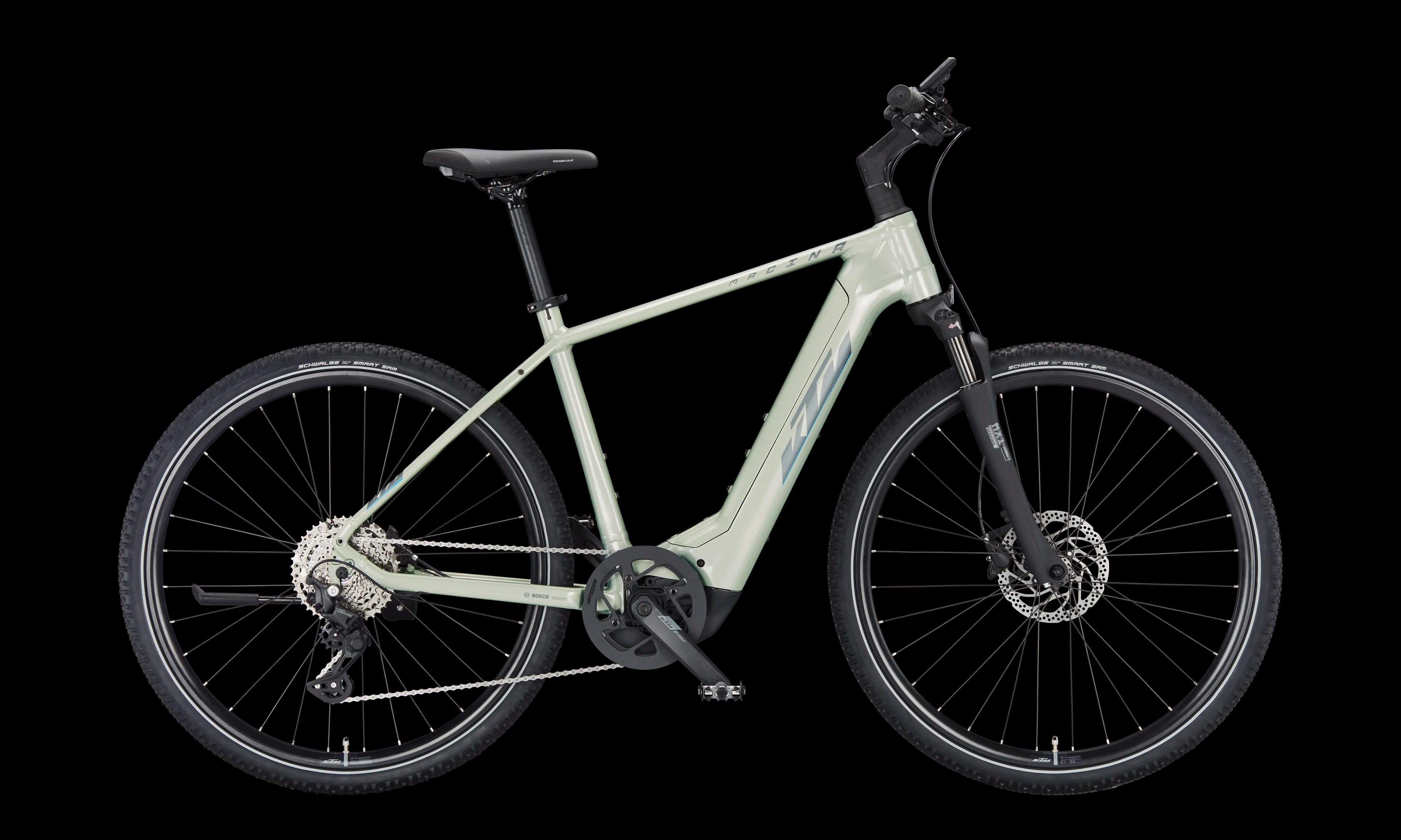 KTM Macina Cross 720 (2023), Dew Silver (grey+blue): helles Silber mit leichtem Grünstich, Dekor grau/blau, Seitenansicht Diamant/Herren (HE), freigestellt weißer Hintergrund, 4800x2880 px