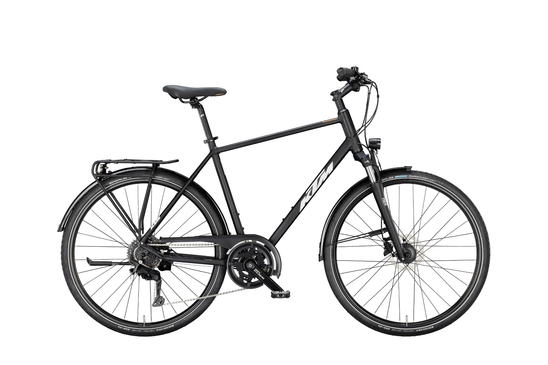 KTM Veneto Disc (2023), black matt (white+orange) – gleiche Farbe wie Lagerliste, aber Nachfolgemodell 2024 mit anderer Schaltung; nur als markierte Ersatzansicht nutzbar, Seitenansicht freigestellt (transparenter Hintergrund), 1800x1200 px, Diamantrahmen H 56 – ACHTUNG: Modelljahr 2024 (KTM-Bezeichnung ZEG Avenza Disc, 2x9 Shimano CUES statt 3x10 Deore)