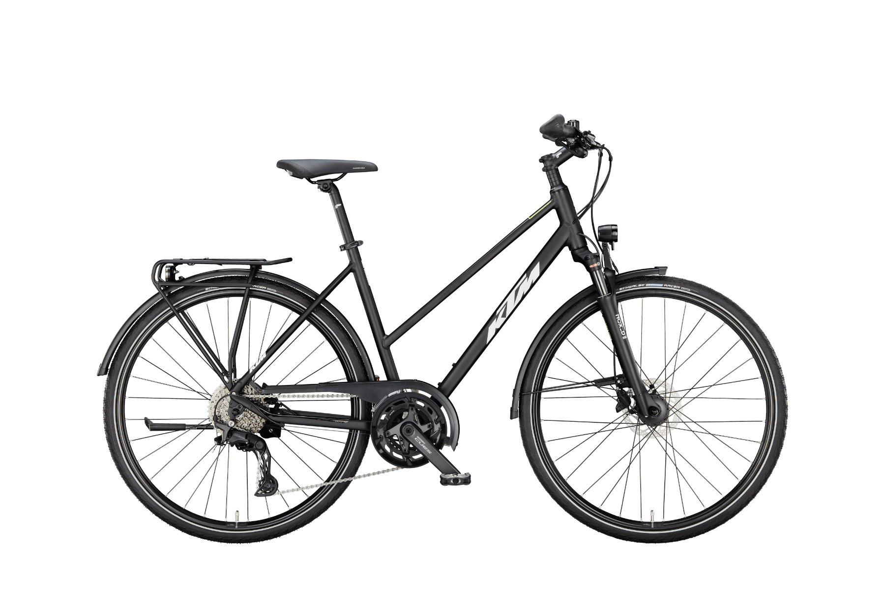 KTM Veneto Light Disc (2022), black matt (white+green), Seitenansicht Trapezrahmen (D 51), freigestellt mit Alphakanal, 1800x1200 px, 1,1 MB – Modelljahr 2024, SYMBOLBILD (gleiche Farbe, aber 2x10 Shimano CUES und Rahmen T-3550-M); einziges Trapez-Herstellerbild in Schwarz