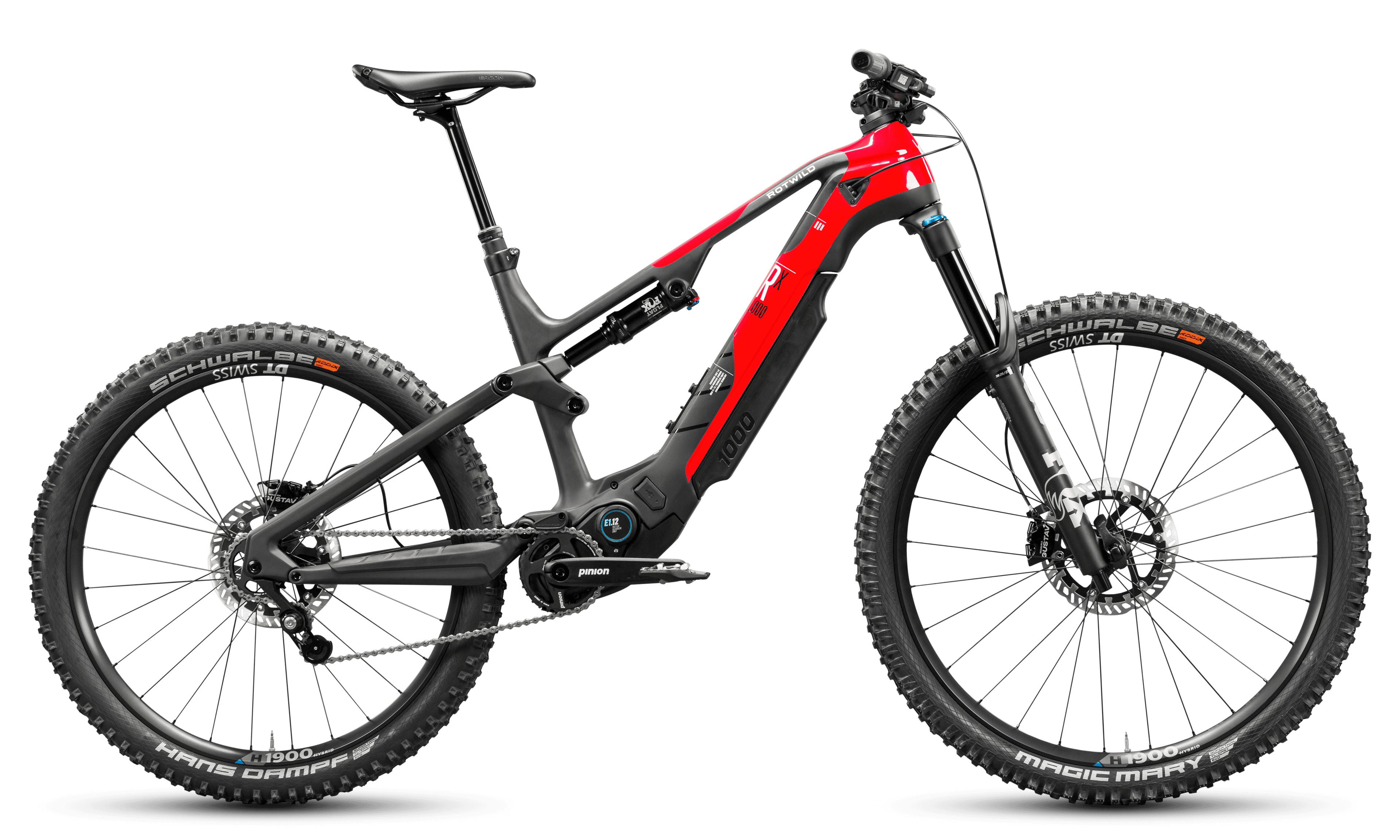 Rotwild R.X1000 FS Pro (2026), Red (rot/schwarz), Seitenansicht Antriebsseite, freigestellt auf Weiß (5000x3000 px, 7,8 MB)