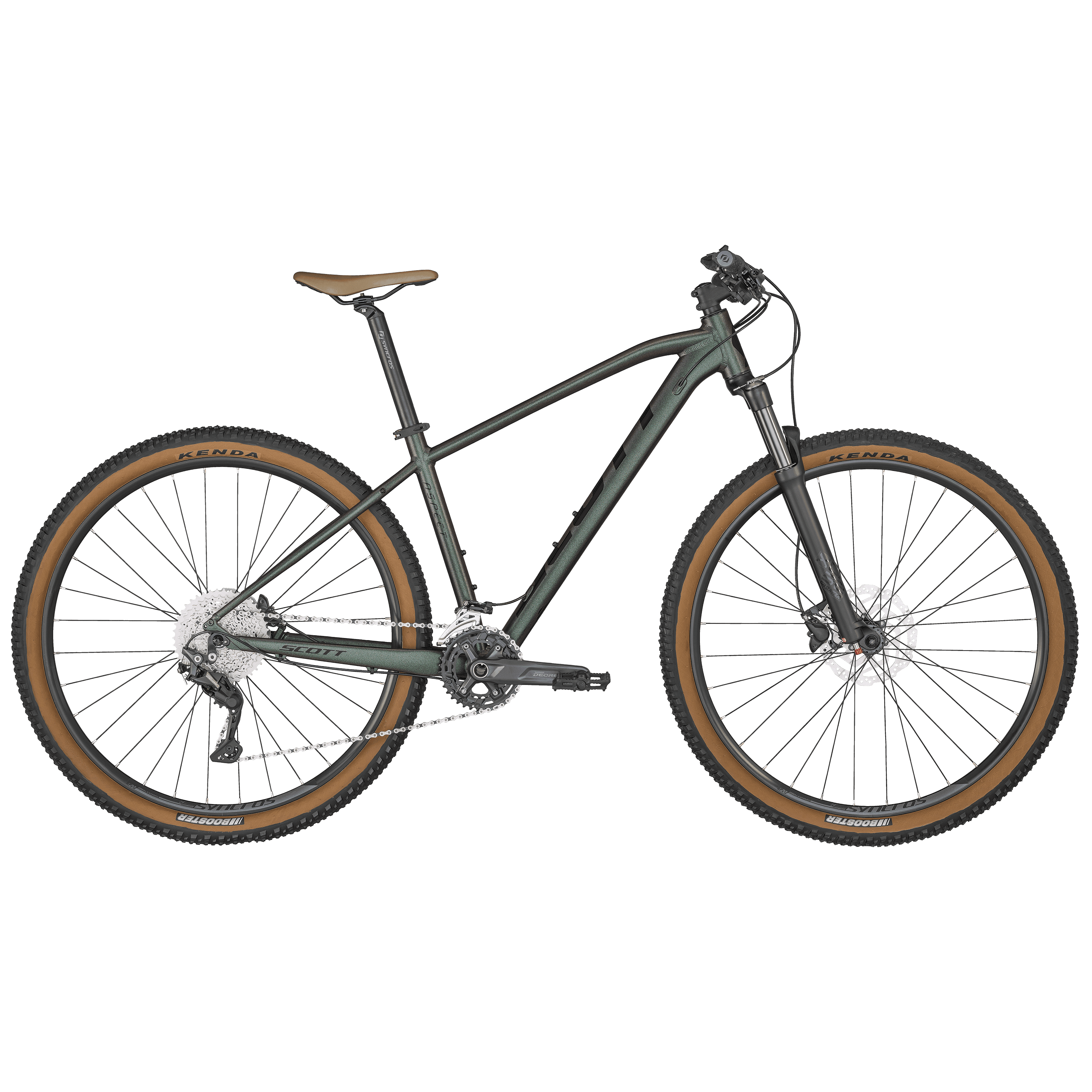 Scott Aspect 930 (2022), Scott-Farbe „black“: dunkles Schwarz-Grün-Metallic, brauner Syncros-Sattel, Kenda-Tanwall-Reifen, Seitenansicht freigestellt (Original 3144x3144 px, PNG)