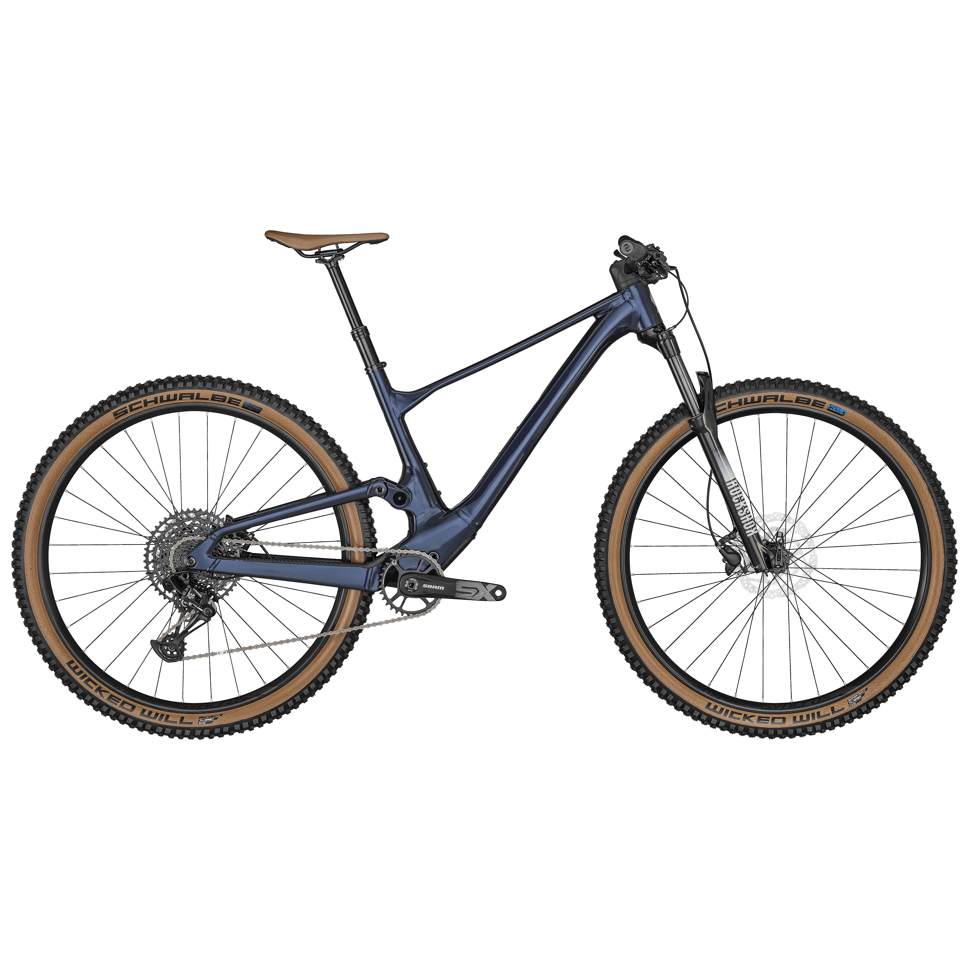 Scott Spark 970 (2022), Dark Stellar Blue / Focus Grey, Tanwall-Reifen, brauner Sattel, Seitenansicht freigestellt, weißer Hintergrund, 3144x3144 px (Original)
