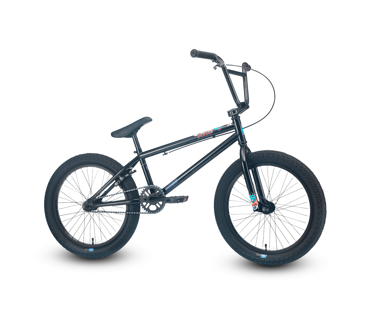 Sunday SI BMX ST-1 (2021), schwarz glänzend mit farbigen Beest-Decals, Seitenansicht rechts, freigestellt (transparenter Hintergrund), 1600 x 1333 px, Version mit Beest-Decals