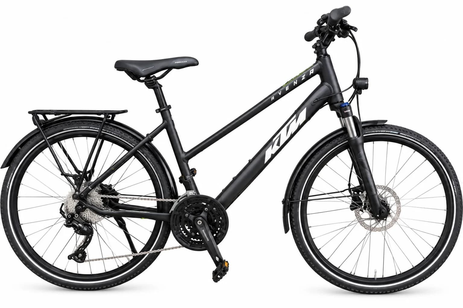 KTM Avenza Cross ST (2023), black matt, Seitenansicht Trapezrahmen mit Gepäckträger
