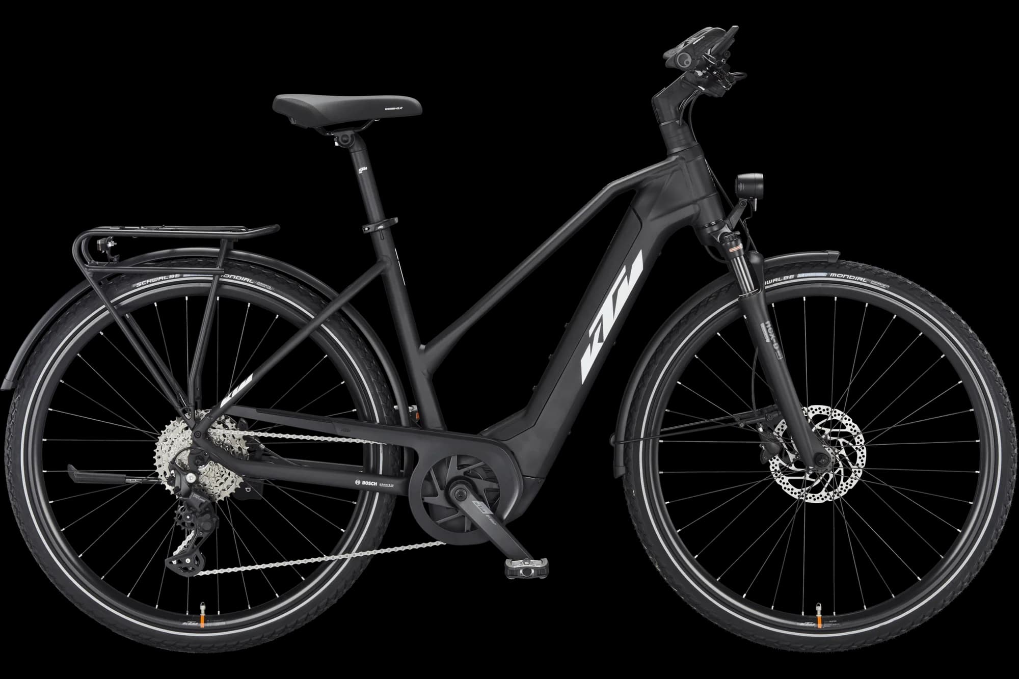 KTM Power Sport 10 (2023), black matt (white-orange), Seitenansicht Trapezrahmen, freigestellt